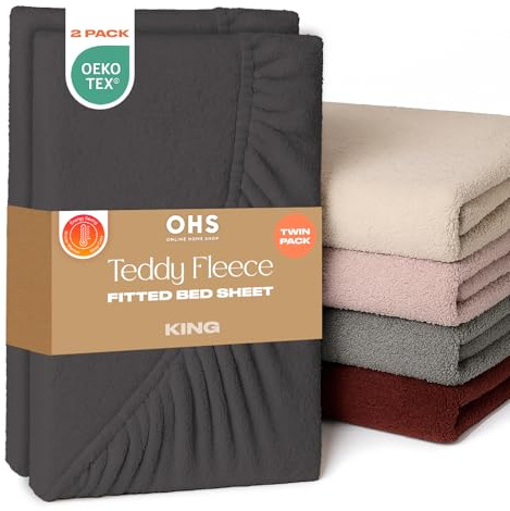 Brentfords Teddy Fleece Fitted Sheet 2 Pack, Soft Warm Thermal Teddy Bear Bedding Deep Pocket 25cm Fade Resistant Cuddly Cosy Fluffy King Size Bed Sheet 2 Pack, Charcoal Grey - King
