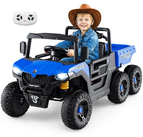 COSTWAY 24V Kinder Elektroauto, Kinderauto mit elektrischer Kippmulde & Fernbedienung, Kinderfahrzeug mit Musik, Geschichten, LED-Lichter & Federung, Elektrofahrzeuge für Kinder ab 3 Jahren (Blau)