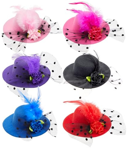 Juvale Mini Tea Party Hats - Clip-On Fascinator Hats for Women & Girls - Feather & Flower Accents for Tea Party Decorations - Pack of 6, 4 in, Multicolor