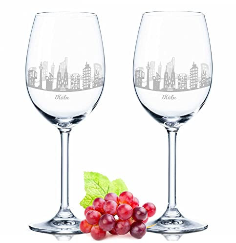 GRAVURZEILE Leonardo Weingläser mit Gravur - Skyline Köln im Set - Hochwertige 360° Lasergravur - schönes Geschenk als Andenken, Souvenir oder für Sammler & Weingenießer zum Geburtstag