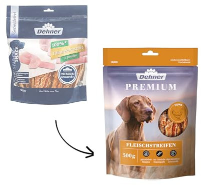 Dehner Premium Hundesnack, Leckerli getreidefrei / fettarm, Kausnack für ausgewachsene Hunde, Hühnerbrustfilet in Streifen, 500 g