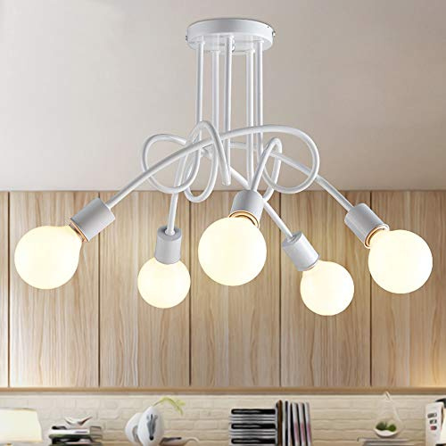iDEGU 5 Luci Lampadario a Sospensione Retrò Lampada da Soffitto Industriale Paralume in Metallo E27 Lampada a Sospensione Moderna Plafoniera per Soggiorno, Camera da Letto (senza lampadine) (Bianco)