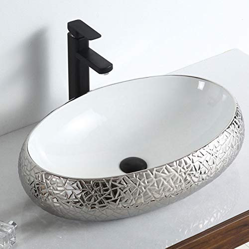 chicstyleme Silver Washbasin Bathroom Basin Oval Boat Overcounter Sinks Ceramic Basin with Drain Vanity Sinks Cloak Room Corner Ceramic Wash Bowl Vessel Sink