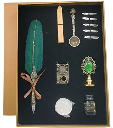 Schreibfeder Kalligraphie Handgemachte Vintage Federkiel Set, Schreibfeder Kalligraphie Feder, Für den Heimgebrauch, Geschenke für Führungskräfte und antike Schreibtischdekoration (Dunkelgrün)