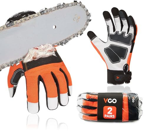 Vgo... 2 Paires Gants de Protection Tronçonneuses EN381-7, Classe 1, 20 m/s, Protection Contre les Coupures, Haute Résistance aux Coupures, en Cuir de Chèvre et PVC(GA8912/L/Orange/2 paires)