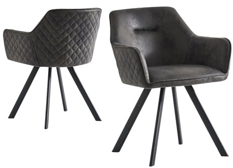 B&D home® Esszimmerstuhl-Set Cyrus (2 STK.) – Polsterstuhl mit Armlehnen, Schalenform, Metallgestell schwarz, Wildlederoptik Anthrazit, modern Industrial Design für Küche, Esszimmer, Büro