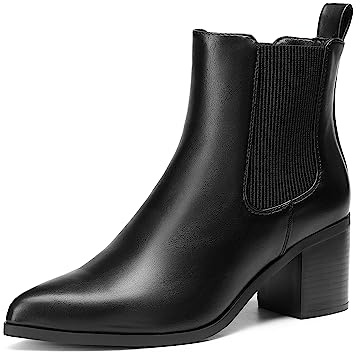 DREAM PAIRS Botas de tobillo Chelsea elásticas retro para mujer, tacón bajo y grueso, punta puntiaguda, tacón de otoño, zapatos de tacón, Negro PU, 35.5 EU
