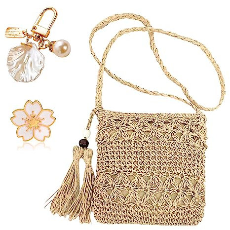 MUNSKT Strohtasche für Frauen mit Quaste & Muschel Schlüsselanhänger & Kirschblüten-Brosche, gewebte handgefertigte böhmische Umhängetasche mit Reißverschluss für Sommer Strand Reisen