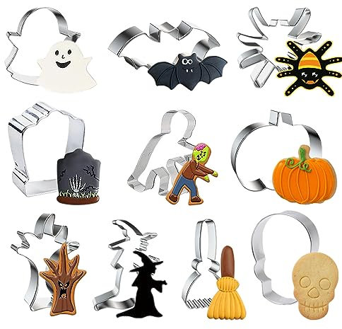 JUNUNDJING 10 Stück Ausstecher Halloween, Halloween Ausstechformen, Halloween Keksausstecher, Plätzchen Ausstecher, Geist Schläger Spinne Grabstein Zombie Kürbis Geisterhand Hexe Besen Schädel