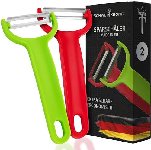 Schwertkrone Lot de 2 éplucheurs en acier inoxydable, éplucheur de pommes de terre et éplucheur à asperges, ergonomiques et passent au lave-vaisselle, universels pour fruits et légumes, rouge/vert