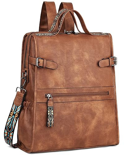 FADEON Leather Laptop Backpack for Women, Designer Ladies Work Travel Computer Backpack with Laptop Compartment, 1 Brown Retro Style, 13.5W * 5.5D * 15.7H, Travel Backpacks
