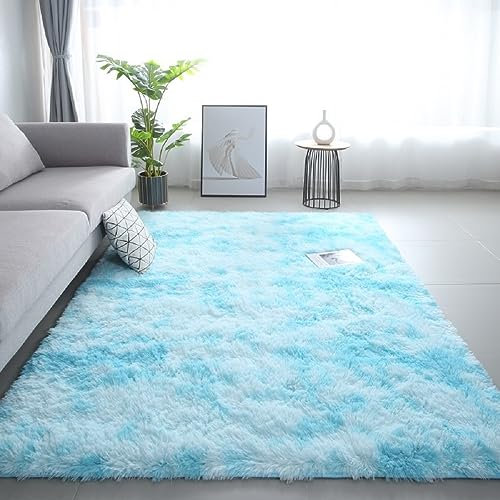 iyoimono Flauschiger Hochflor Rechteckig Teppich Wohnzimmer Schlafzimmer Teppich Moderne Stilvoll Rug 160x200cm Abriebfest Anti-Rutsch Waschbar Hellblau