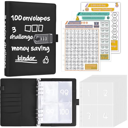 Antner 100 Envelopes Money Saving Challenge Binder with Lock, A5 Savings Binder Challenge Book Budget Planner with Cash Envelopes for Money Saving - Password Lock to Protect Cash Security, Black