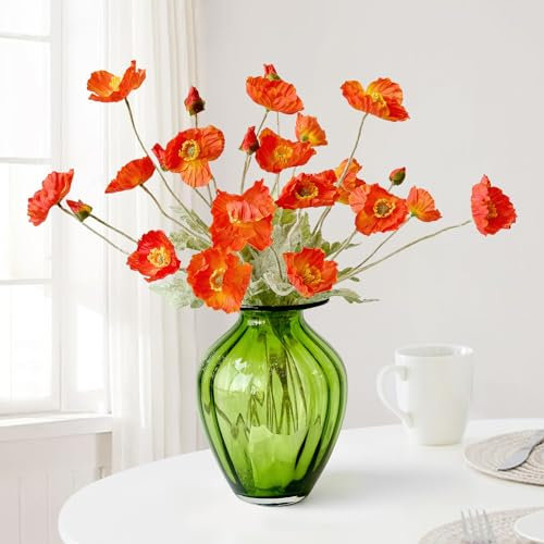 JINWOE Flamma orange vallmostjälkar silkesblommor, 6 st äkta beröring verklighetstrogna konstgjorda blommor, långa stjälkar fuskbukett för bord bordsuppsats kök bröllopsrum hem kyrkogård