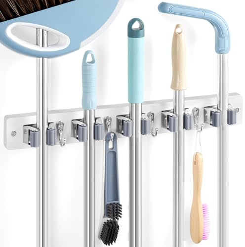 Soporte de pared para escobas, organizador de fregona y escoba de madera blanca con 5 ranuras y 4 ganchos, colgador de herramientas de jardín resistente para lavandería, armario, cocina, garaje,