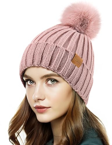 PIOZAED Womens Winter Beanie Hat Fleece Lined Warm Skull Cap with Faux Fur Pom Cuff Knitted Hat for Women Dark Pink