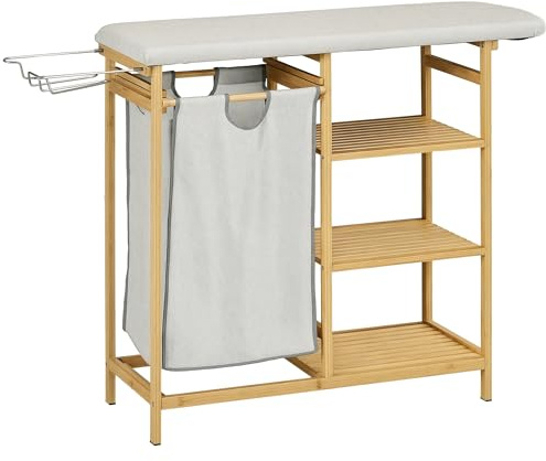 HOMCOM Portabiancheria in Bambù con Asse da Stiro, Ripiano a 3 Livelli e Cesto in Poliestere, Cesto Portabiancheria Estraibile e Rimovibile, 113x34x82 cm, color Legno e Grigio