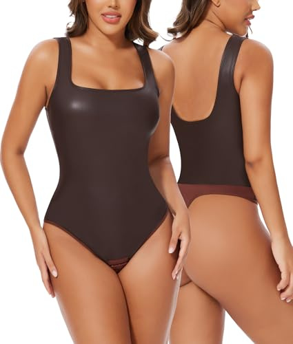 SHAPERIN Body Gainant En Cuir Femme Leather Bodysuit Shapewear Col Carré Body Sculptant Minceur Ventre Plat Débardeur Dos Bas Marron XXL
