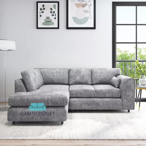 Gamzo Outlet Sleek Exclusive Robust Left-Hand Corner Full Back Colourful Alaska Fabric Designer Sofa Comfy Home Décor Furniture for Moderate to Spacious Contemporary Living Room (Colour- Light Grey)