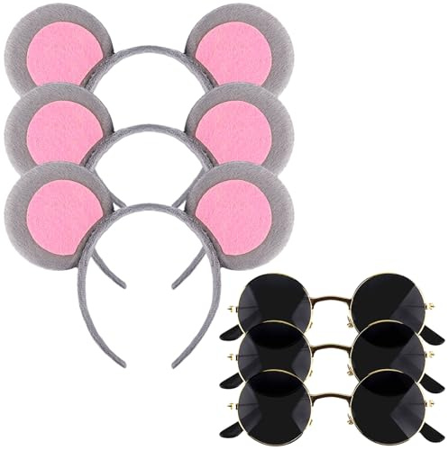 KMLGY 6 Pieces Blind Mice Costume Set - 3 Mouse Ears Headband + 3 Black Glasse, Fancy Dress World Book Day Mouse Costume Accessories