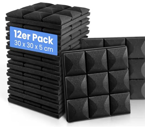 Generisch Akustikschaumstoff selbstklebend [12 Stück] – Schallschutz, Schalldämmung für die Wand, Schallschutzplatten – schwarz