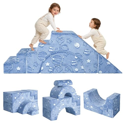 MeMoreCool Kids Play Sofa, Modular Toddler Climbing Couch, Blue Astronaut | Foam Toddler Chair, Convertible Sectional Baby Couch For Climb Crawl, Playroom Furniture With Slide and Stair