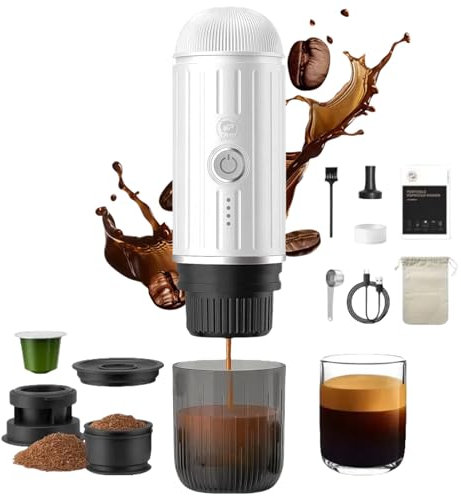 i Cafilas macchina da caffè espresso elettrica portatile 12V Travel Es presso Machine mini macchina da caf fè per andare in campeggio da ca ffè es presso compatibile con macinato e capsula NS (Bianco)