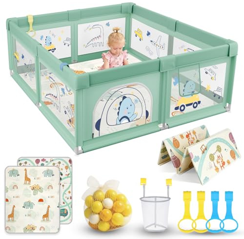 SOFTHOM Parque Infantil Bebés con Colchón 180x200cm, Suelo Antideslizante y Malla Transpirable, Parque Infantil Estable y Seguro para Interior y Exterior (Verde, Dinosaurio)