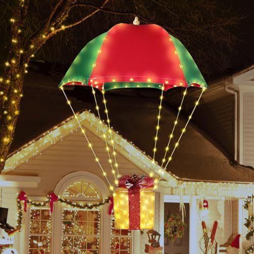 Geemoo Iluminación navideña para exteriores con batería, cadena de luces LED de 85 cm en forma de paracaídas con batería y temporizador, 8 modos, cadena de luces impermeable para decoración navideña