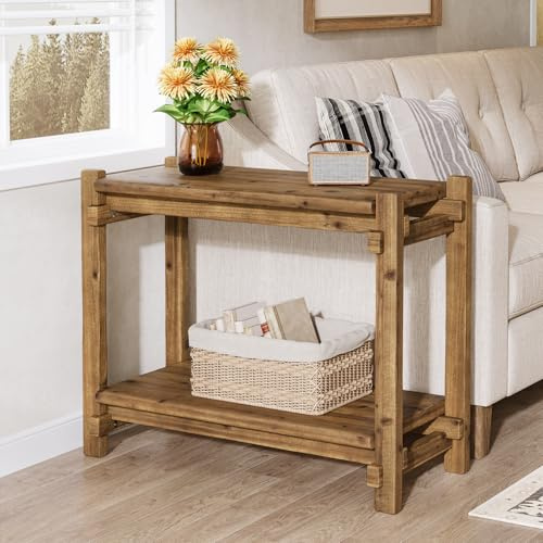 TRIBEWOOD Mesa Auxiliar de Madera Maciza, Mesa Auxiliar Sofa de 2 Niveles con Estante de Almacenamiento, 80 x 50 x 65 cm, Mesita de Noche Grande de Estilo Rústico para Sala o Dormitorio