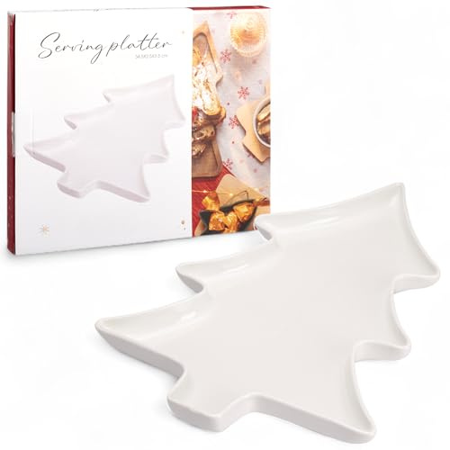 MIJOMA Piatto da portata natalizio – Piatto in porcellana bianca a forma di abete – Piatto di Natale per snack, biscotti e finger food – 34,5 × 25 × 3,5 cm