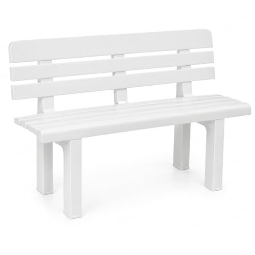 TIENDA EURASIA – Banco de Jardín Exterior 2 Plazas | 110x52x71 cm | Plástico PP Resistente | Color Blanco | Soporta hasta 130 kg | Diseño Clásico | Fácil Montaje | para Terraza y Patio