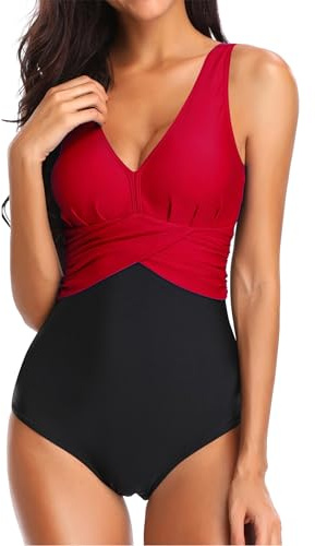 PANOZON Bikini Mujer Traje de Baño Una Pieza para Playas Piscina con Cuatro Colores Cuello en V Opcionales Tallas Grandes(Rojo-1,4XL)