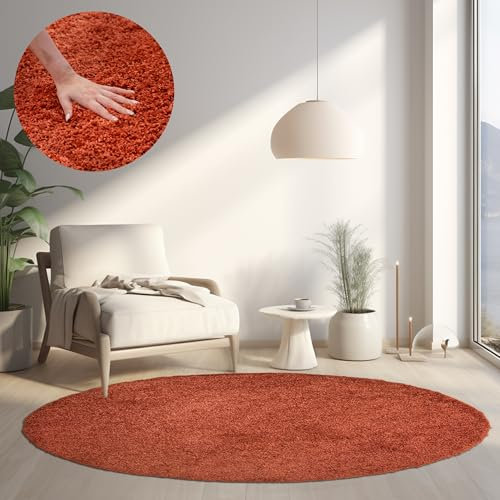 HomebyHome Teppich Rund Hochflor 80 cm Rund - Shaggy Runder Teppich Wohnzimmer Terrakotta Extra Weich und Flauschig - Waschbarer Langflor Teppiche für Schlafzimmer, Küche, Flur - Carpet, Halı, Kilim