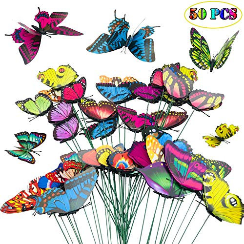 50 Pz Papillons de Jardin, Allazone 3 Taille Double Ailes Coloré Jardin Papillons Stakes Ornements de Jardin pour Décoration de Plante, Cour de Jardin, Décoration de Jardin