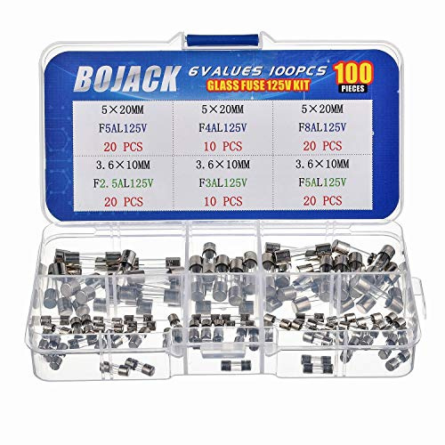 BOJACK - Juego de fusibles de vidrio de soplado rápido, 6 valores, 3,6 x 10 mm, 125 V, 2,5 3, 5 A, 5 x 20 mm, 125 V, 4 y 5 8 A, en una caja de plástico transparente