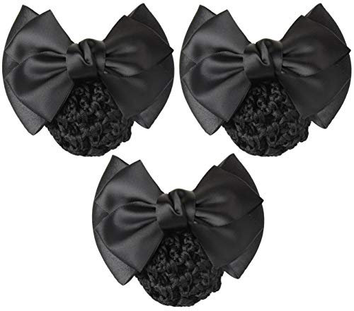 3PCS Women Girls Professional Pure Color Bow Satin Ribbon Bowknot Snood Net Hair Clip Barrette Bun Maker Cover Hairnet Decor Hair Styling Accessories for Nurse Bank Worker Air Hostess Quick Style