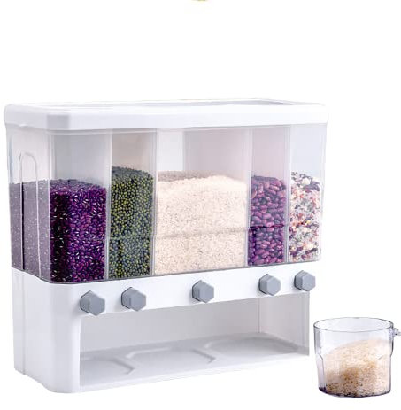 Bazargame Reisvorratsbehälter 5 In 1 Müslispender Küche Vorratsdosen Reisspender 10L Wandmontage Getreidespender Staubdichte Lebensmittelaufbewahrung Für Reis, Tiernahrung, Bohnen