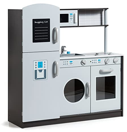 DREAMADE Cuisine Enfant en Bois, Jeu se Simulation avec Cuisinière, Réfrigérateur, Machine à Laver, Chef Cuisinier avec Sons Réalistes, Cadeau pour Les Enfants de 3+ Ans (Gris)