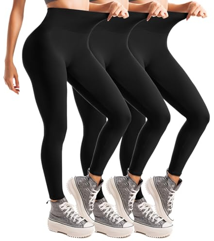 Leafigure Lot de 3 leggings taille haute pour femme, pour le sport, la gym, le yoga, Noir , XXL