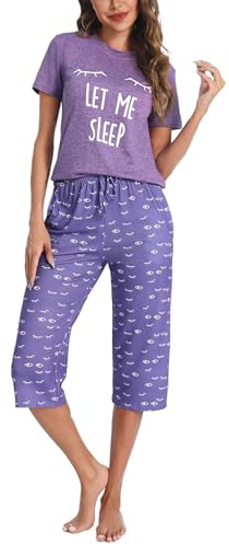 Uniexcosm Pigiama Donna Cotone Estivo Pigiama da Donna Girocollo Set da Donna con Pantaloni Corti Stampati a 3/4 Viola M