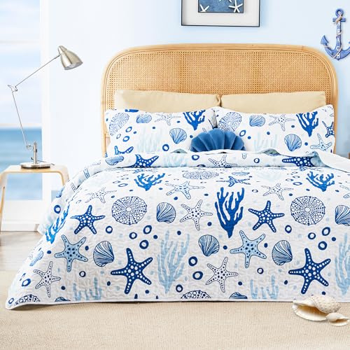 Love'S Cabin Juego de Ropa de Cama para Cama Queen Coastal White – Colcha náutica de Playa de Verano Colcha Ligera – Colcha Reversible para Todas Las Estaciones – 3 Piezas (1 edredón, 2 Fundas de
