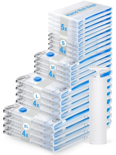 BoxLegend Vakuumbeutel für Kleidung 21 Stück, Vakuumierbeutel 4 Extra Groß + 4 Groß + 4 Mittel + 4 Kleine+ 5 Rollen Vakuum Kleiderbeutel Aufbewahrungsbeutel Vakuumbeutel für Bettdecken, mit Handpumpe
