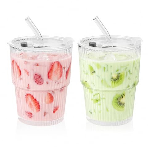 HSMHLYYB 2 stycken glaskoppar med lock och sugrör, 400 ml matcha glas, iskaffe kopp, iskaffeglas, lufttät vattentät design, smoothie-mugg för juice, vatten, te, mjölk, latte