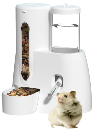 2 in 1 Hamster Water Bottle - Automatic Food Bowl, No Drip Small Animal Water Bottle Dispenser, for Syrian Dwarf Hamsters, Gerbils, Mouse, Hedgehog, Hamster Cage Accessories (White, Large)