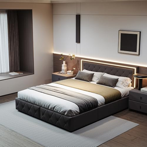 LONELYO lit Coffre 160x200 avec Sommier, Lit Double avec 4 Tiroirs de Rangement et LED, Tete de Lit et éclairage LED, sommier 160x200, Lin (Gris, 160x200cm)