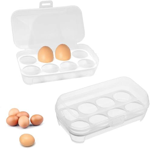 EL PAQUETE INCLUYE: Nuestro producto incluye 2 hueveras de plástico transparente, cada una con capacidad para 8 huevos. Su tapa abierta protege los huevos de golpes y golpes, y evita que se rompan.