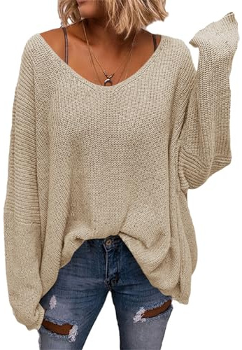 Saodimallsu Pull Femme Oversize Col V Manches Longues Décontracté,Beige,M