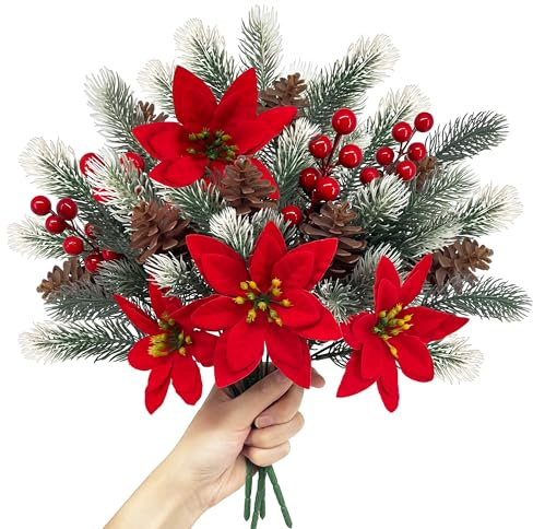 SHEPIN 4 Pièces Branches de Sapin Artificielles avec Étoile de Noël et Baies Rouges comme Vrai, Fleurs Artificielles Noël Branches Fleurs de Noël Artificielles Bouquet de Noël Branches de Noël Déco