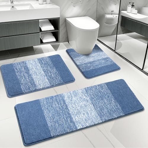 Enyhom Badezimmerteppich Set 3 Teilig, Weich Dicker Mikrofaser Badematte und WC Toiletten Teppich, Blau Badteppich rutschfest Waschbar, Super Saugfähig Schnelltrocknend Badgarnitur 3 Teilig Stand WC